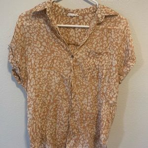 Short Sleeve Peach Leopard Print Button Down Blouse